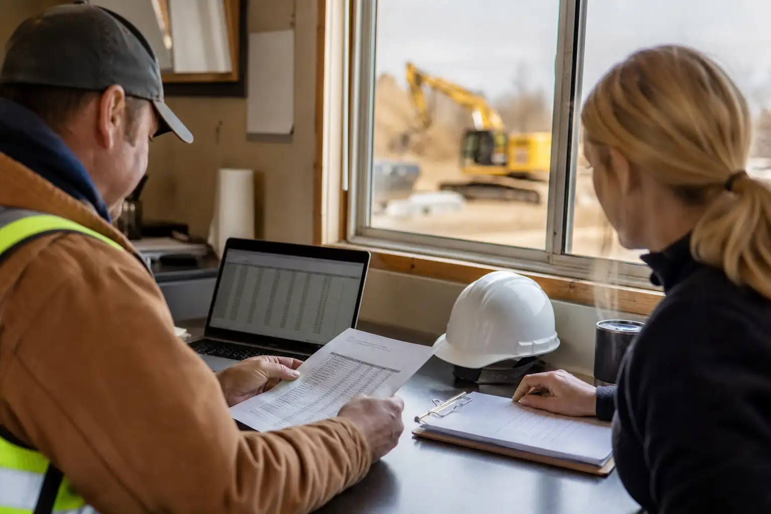 A project manager and AP specialist comparing a branch rate notice to a spreadsheet at a jobsite trailer table.