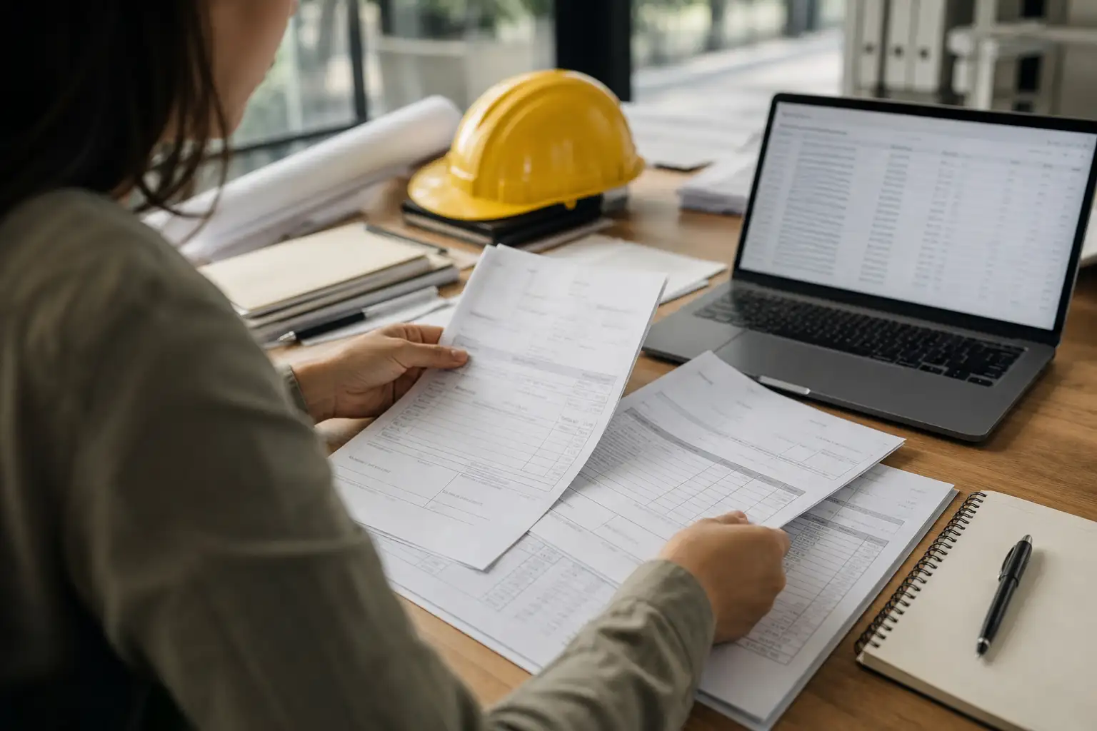 An AP specialist reviewing a rental invoice packet with delivery slips, a PO printout, and an off-rent confirmation on a desk