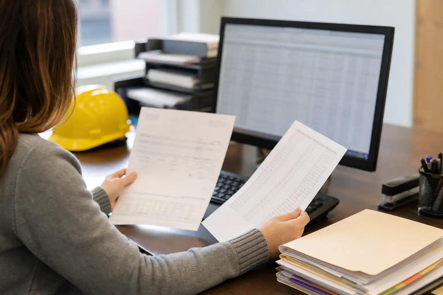 An accounts payable clerk comparing a rental invoice to an approved rate file on a computer with organized paperwork beside the keyboard.
