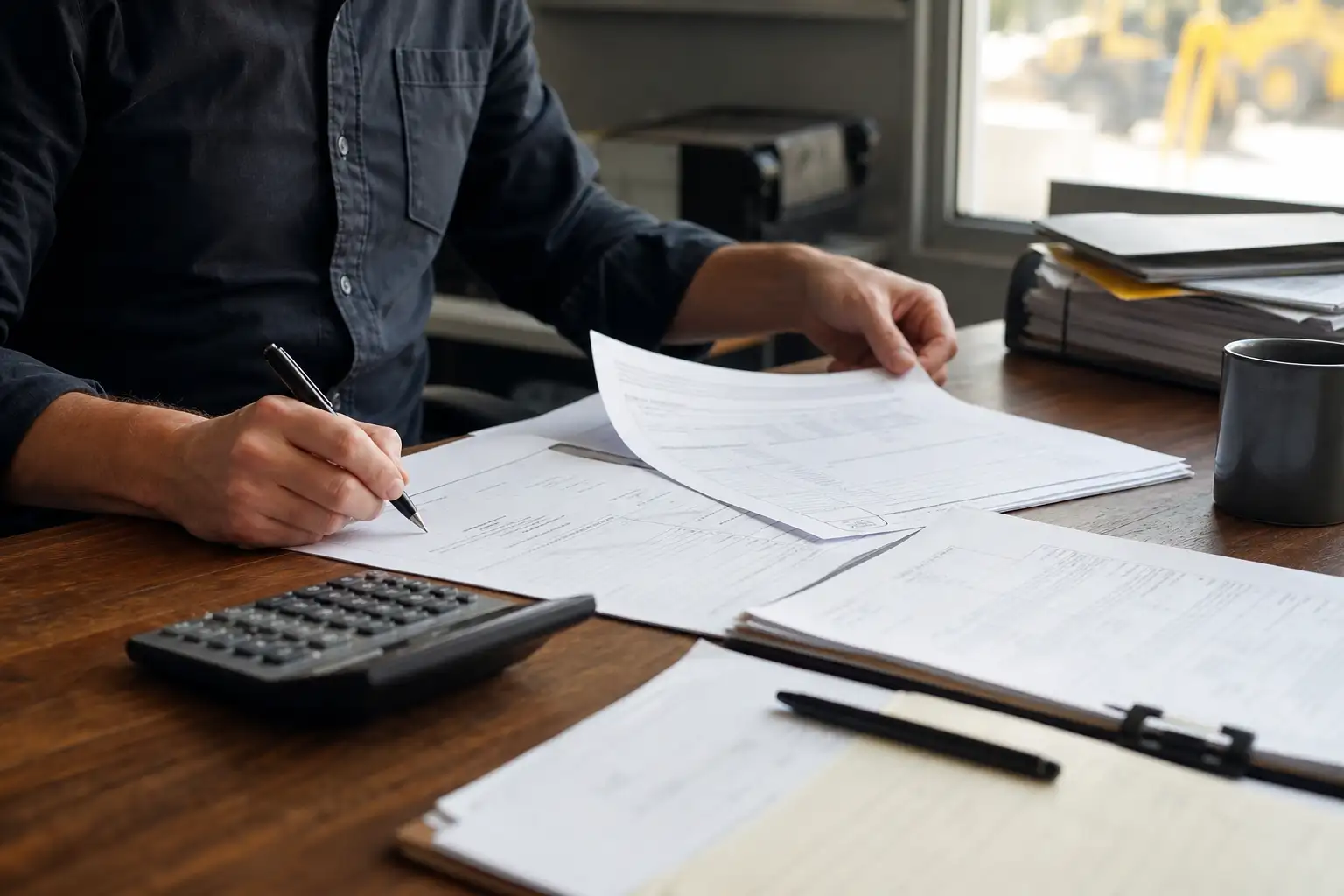 An office worker reviews a rental invoice, contract pages, and equipment return paperwork spread across a desk