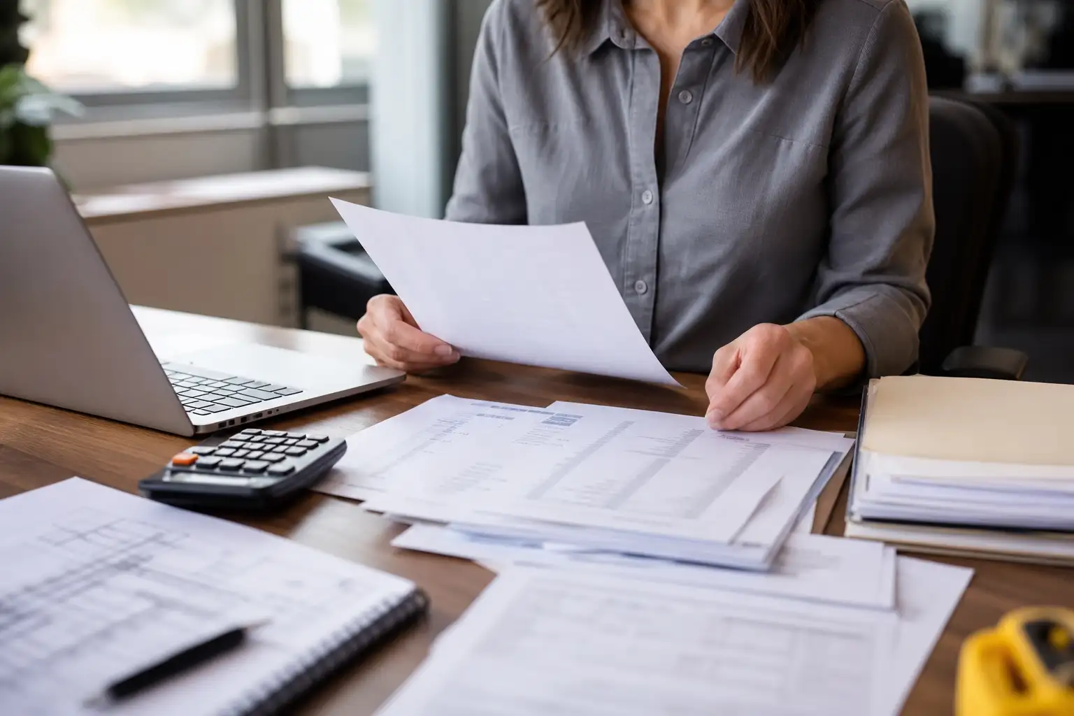 An AP or project admin reviewing a rental invoice with a contract, delivery ticket, and off-rent confirmation on a desk in an office near site paperwork