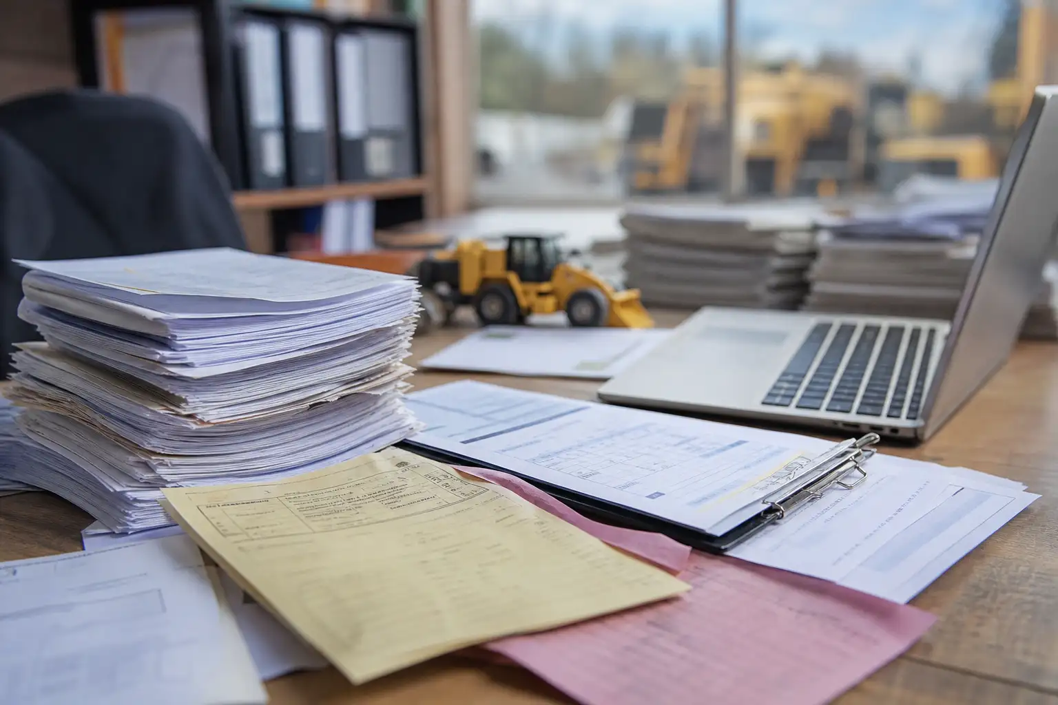 A finance and operations desk with rental invoices, a clipboard, and equipment delivery paperwork spread out for review.