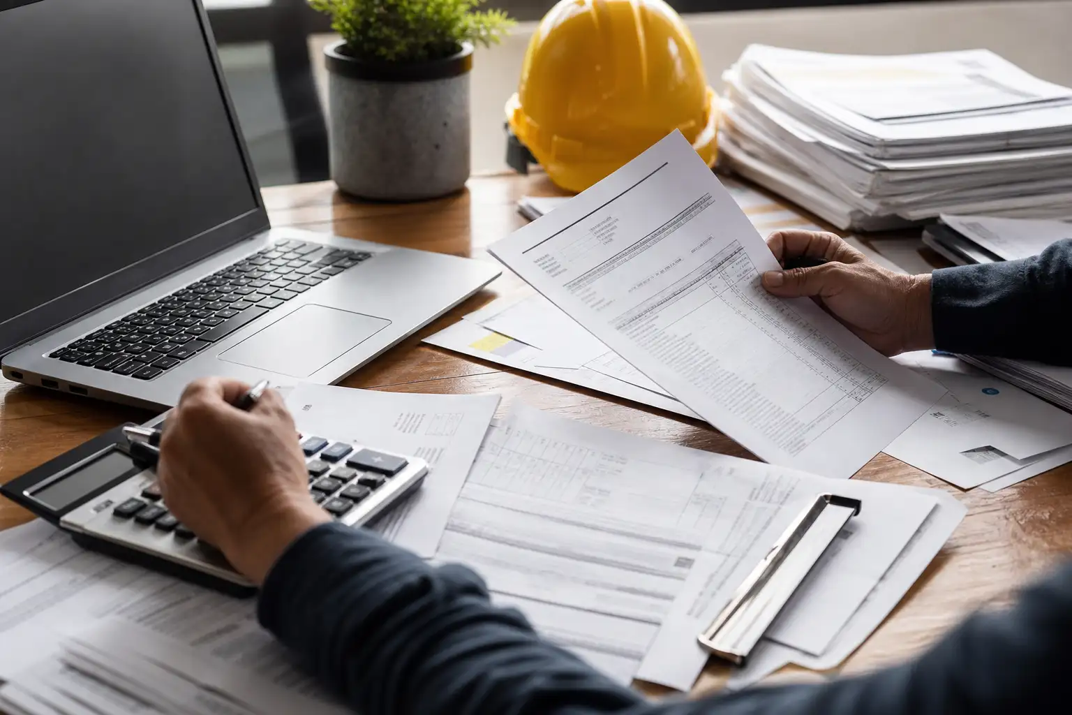 An office desk with rental paperwork, an invoice, a contract, a clipboard, and a laptop beside hard hats and jobsite documents.