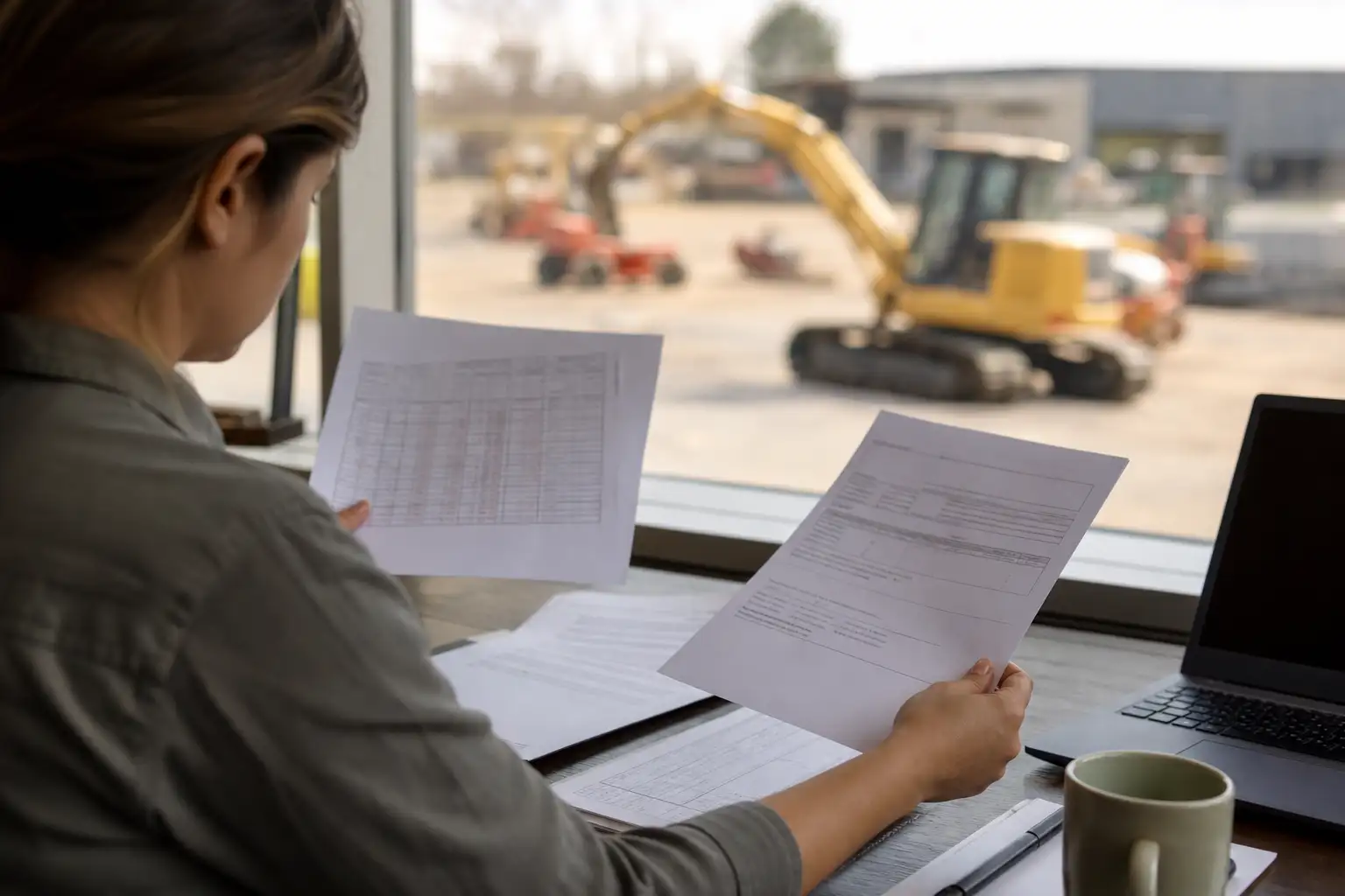 A finance or AP professional reviewing rental invoices, a rate sheet, and an off-rent confirmation at a desk with job-site equipment visible in the background.