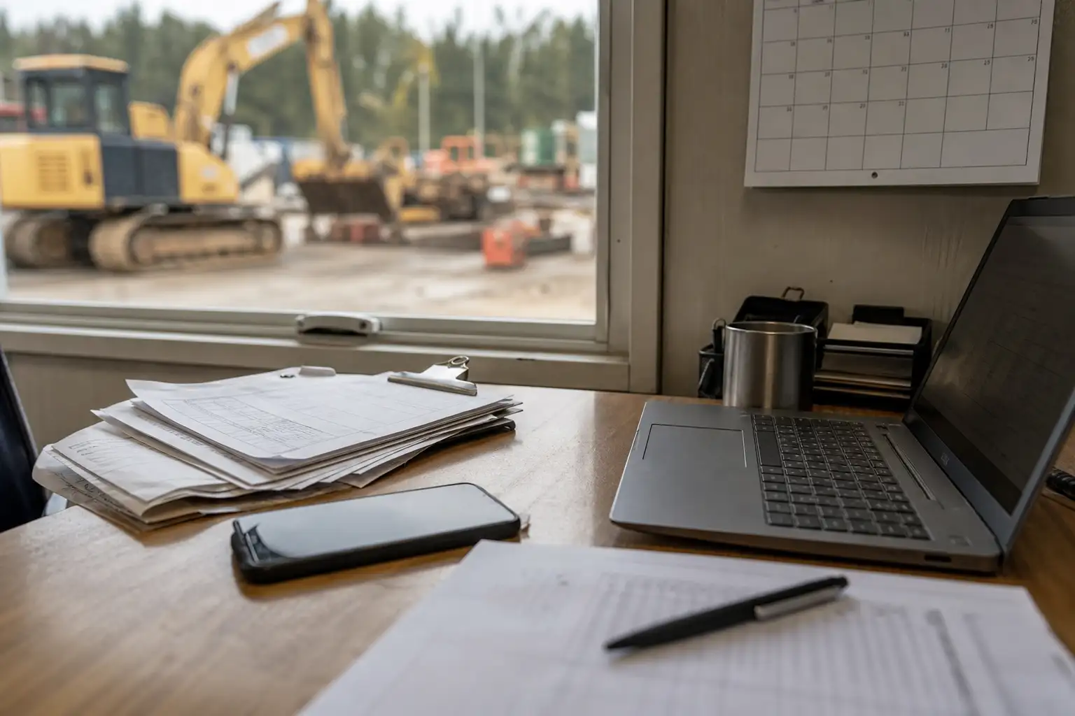 A contractor office desk with rental paperwork, a phone, a calendar, and equipment yard views in the background.