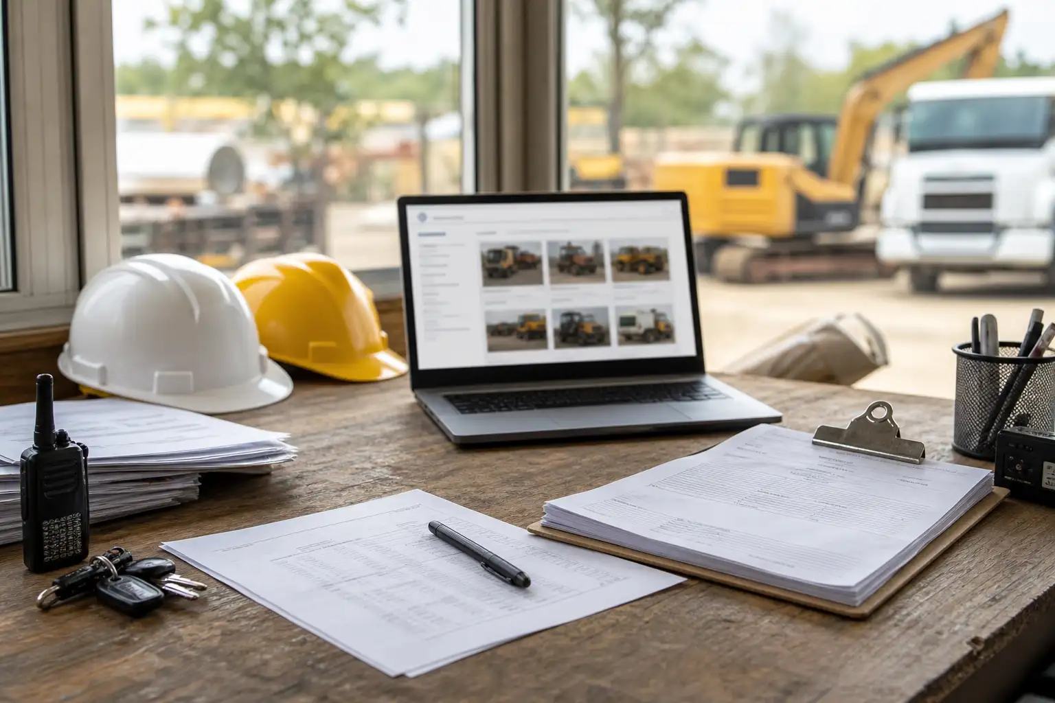 A jobsite office desk with rental paperwork, a laptop open to an equipment portal, and hard hats beside a clipboard