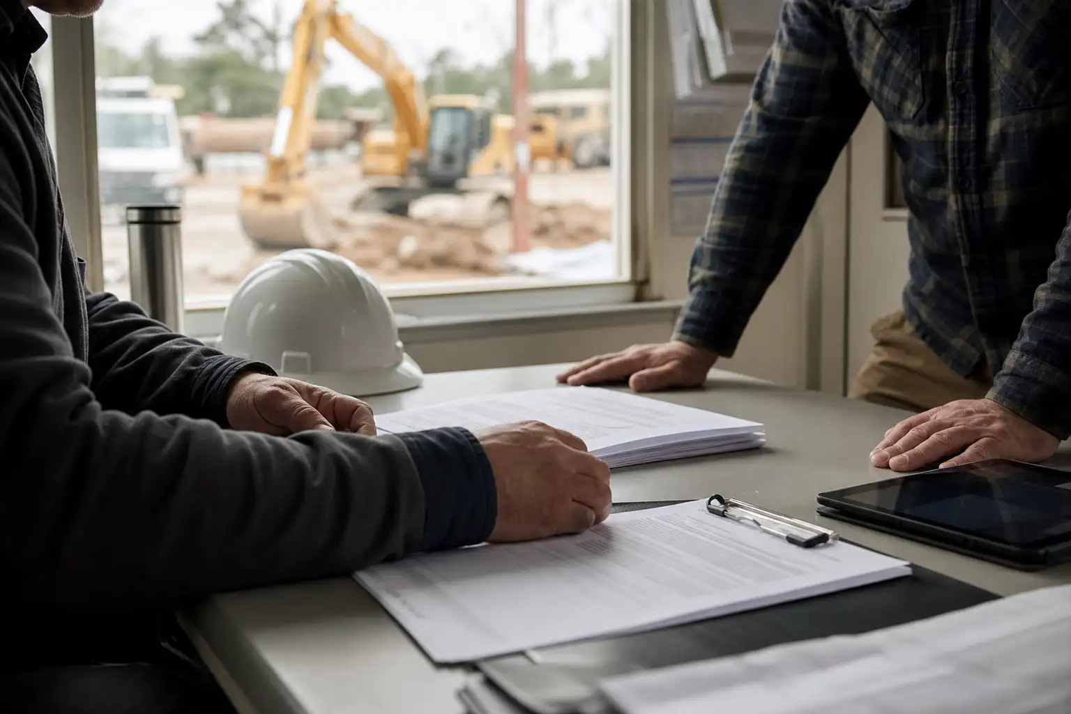A construction yard office table with a rental agreement, clipboard, hard hat, and a tablet beside heavy equipment in the background