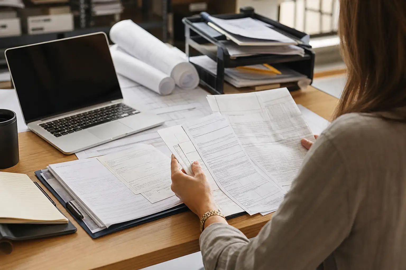 A finance or AP employee reviewing rental tickets, invoices, and a rate sheet at a desk near job-site paperwork