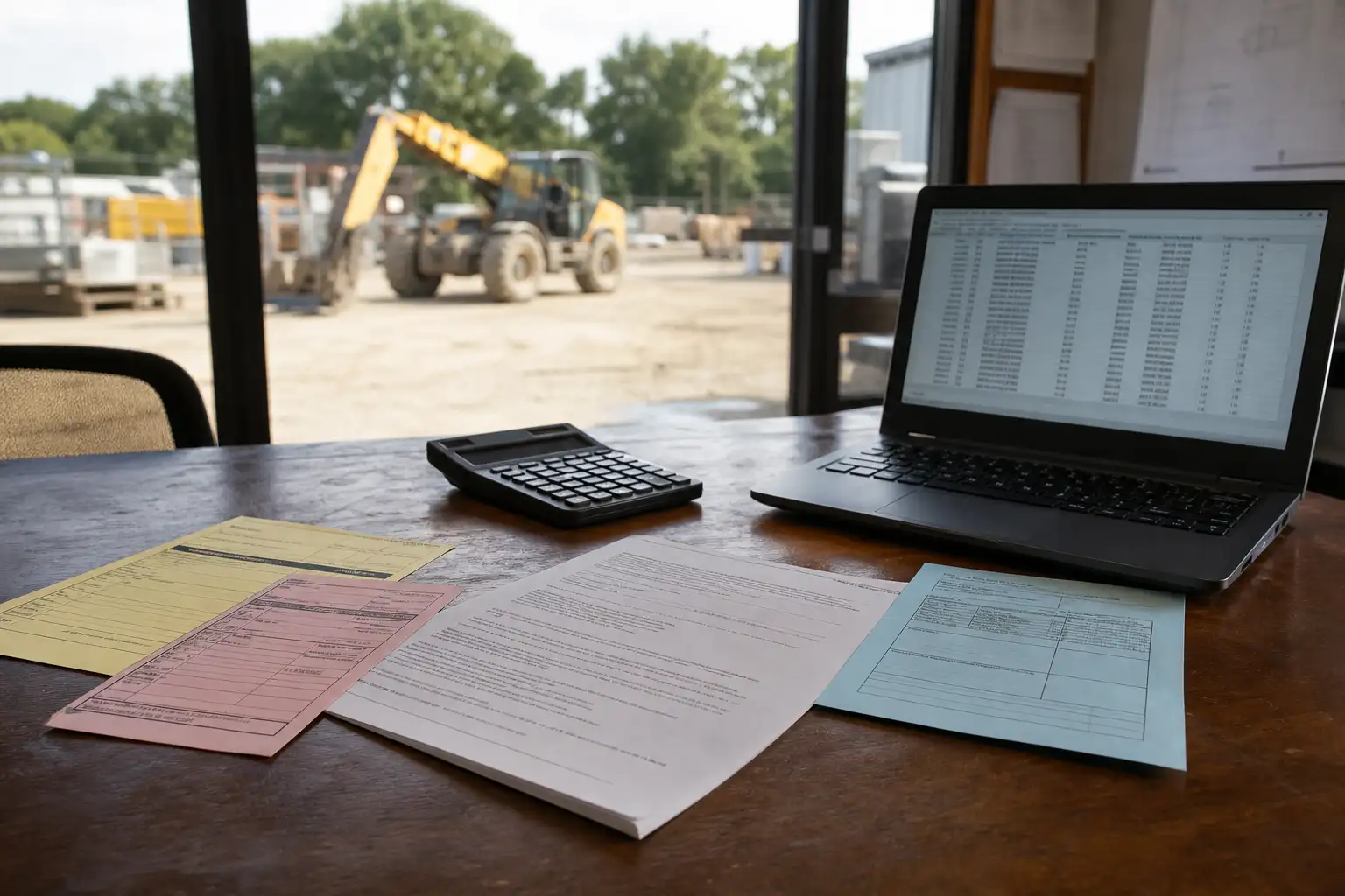A finance or equipment manager reviewing rental tickets, an agreement, and off-rent paperwork on a desk with job-site equipment photos in the background.