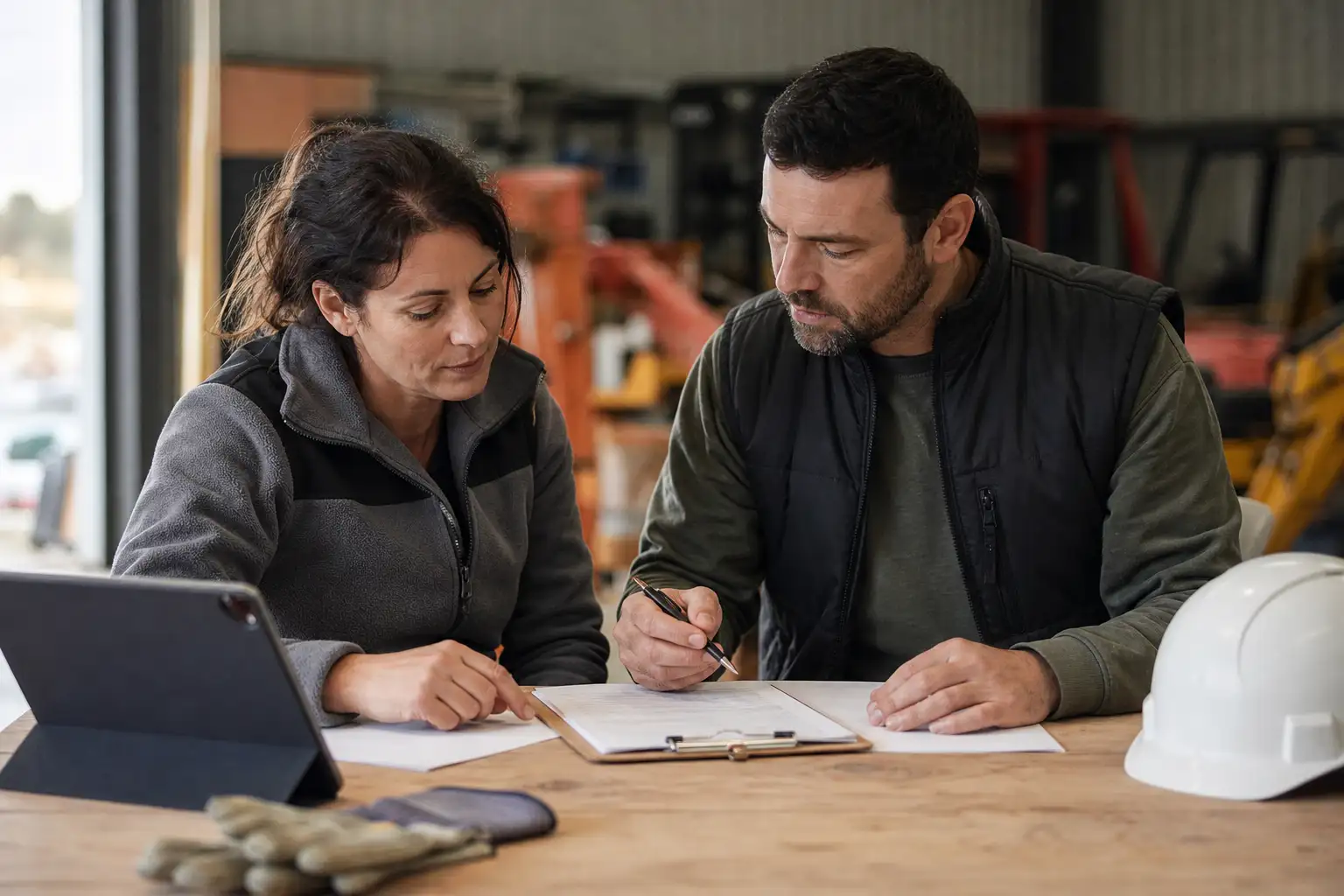 A project manager and accounts payable staff reviewing a rental agreement, off-rent confirmation, and equipment return paperwork at a desk.
