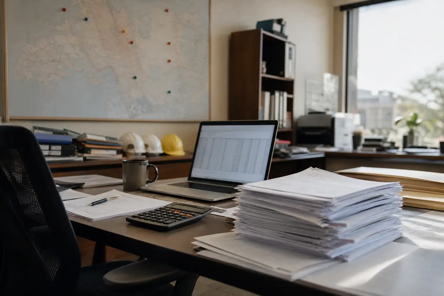 An office scene with a finance manager reviewing rental invoices, rate sheets, and a map of branch locations on a desk.