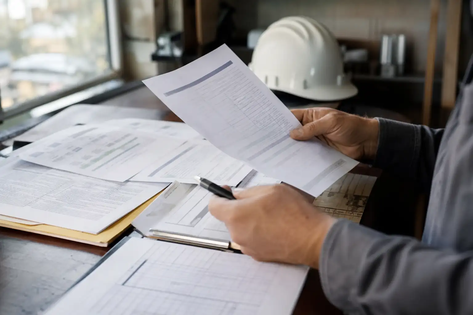 A finance or project team member reviewing a rental invoice beside a contract folder and equipment paperwork on a desk