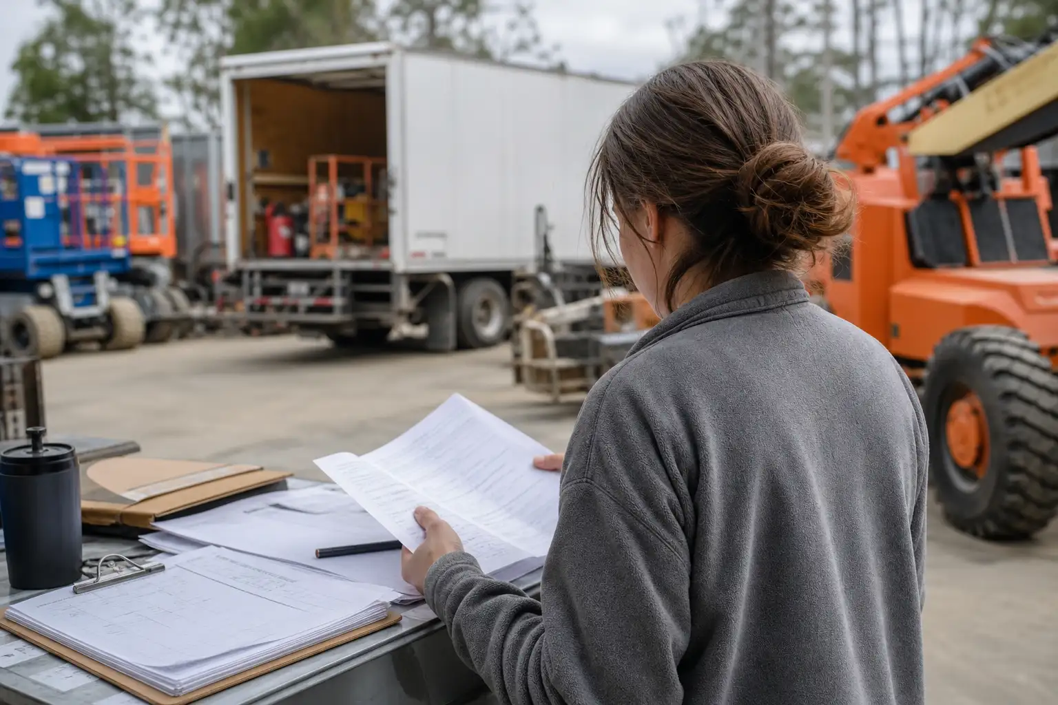 A finance or project admin reviewing rental paperwork beside an equipment yard with a truck and construction equipment in the background