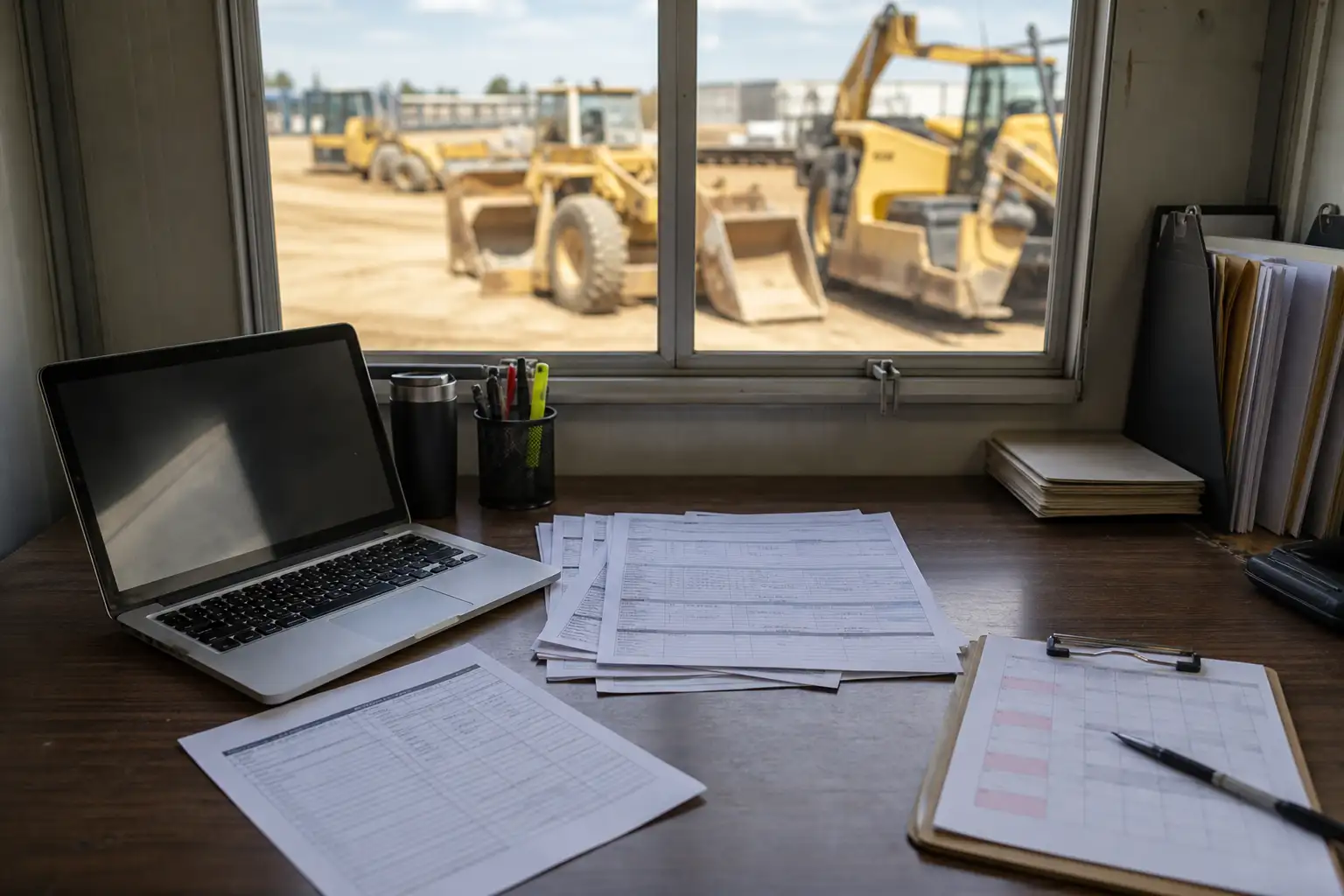 A jobsite office desk with rental invoices, a shutdown calendar, a clipboard, and construction equipment visible through a window