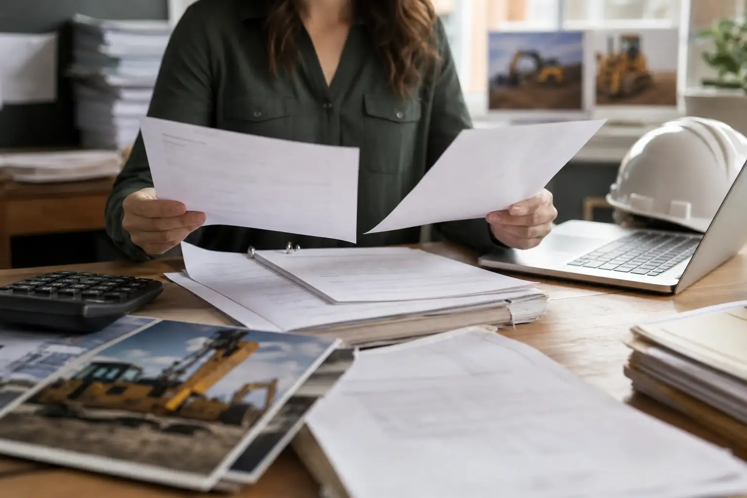 An office worker reviewing two rental invoices and a contract beside a laptop and calculator.
