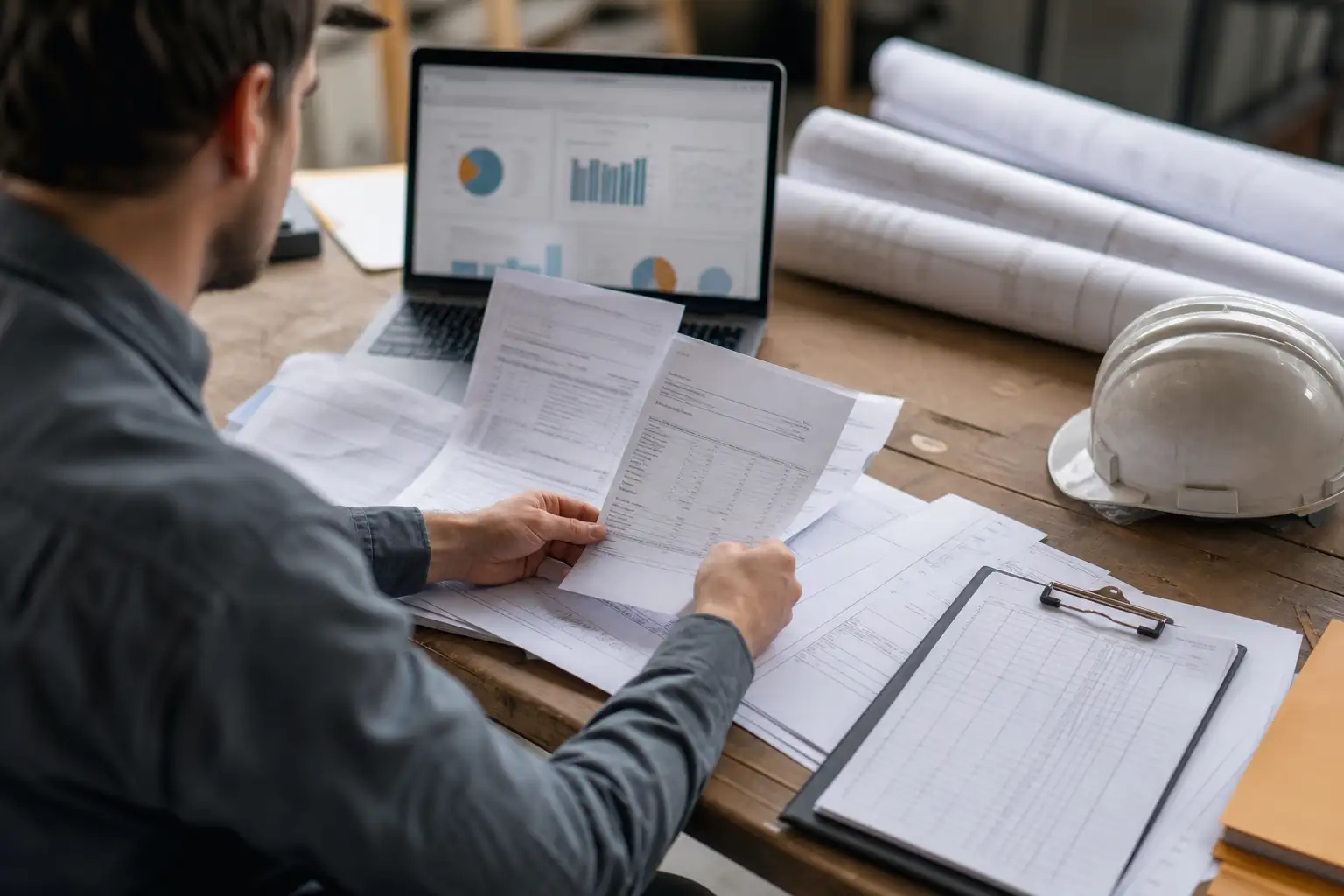 An office scene with a project controls person reviewing rental invoices, budget sheets, and a laptop dashboard beside rolled drawings and a hard hat.