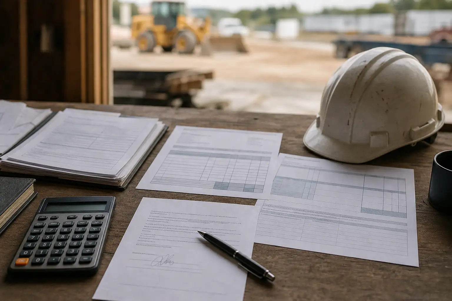 A finance or equipment manager reviewing a rental invoice, contract pages, and an off-rent record at a desk near job-site paperwork.