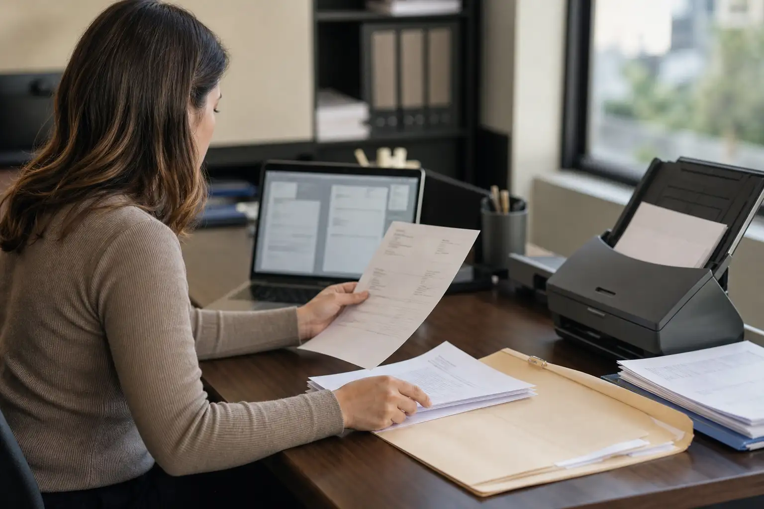 An AP clerk reviewing scanned rental invoices on a desk with a laptop and paper files in an office setting