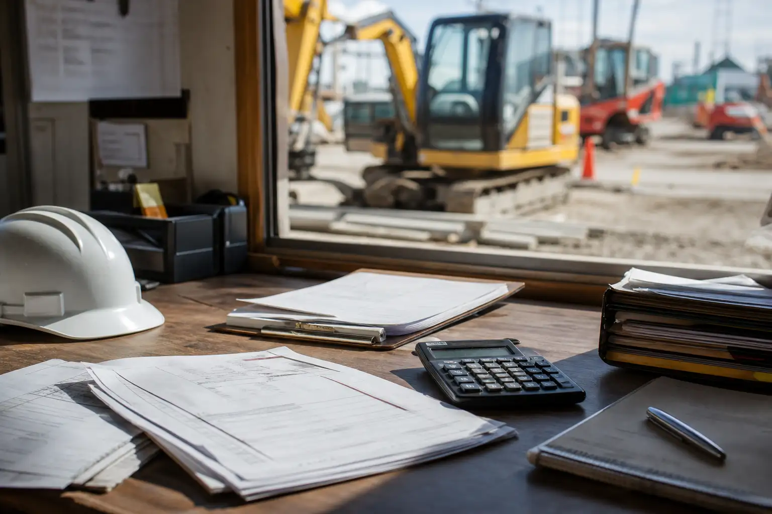 A jobsite desk with a rental agreement, invoice copies, and a hard hat beside construction equipment in the background.