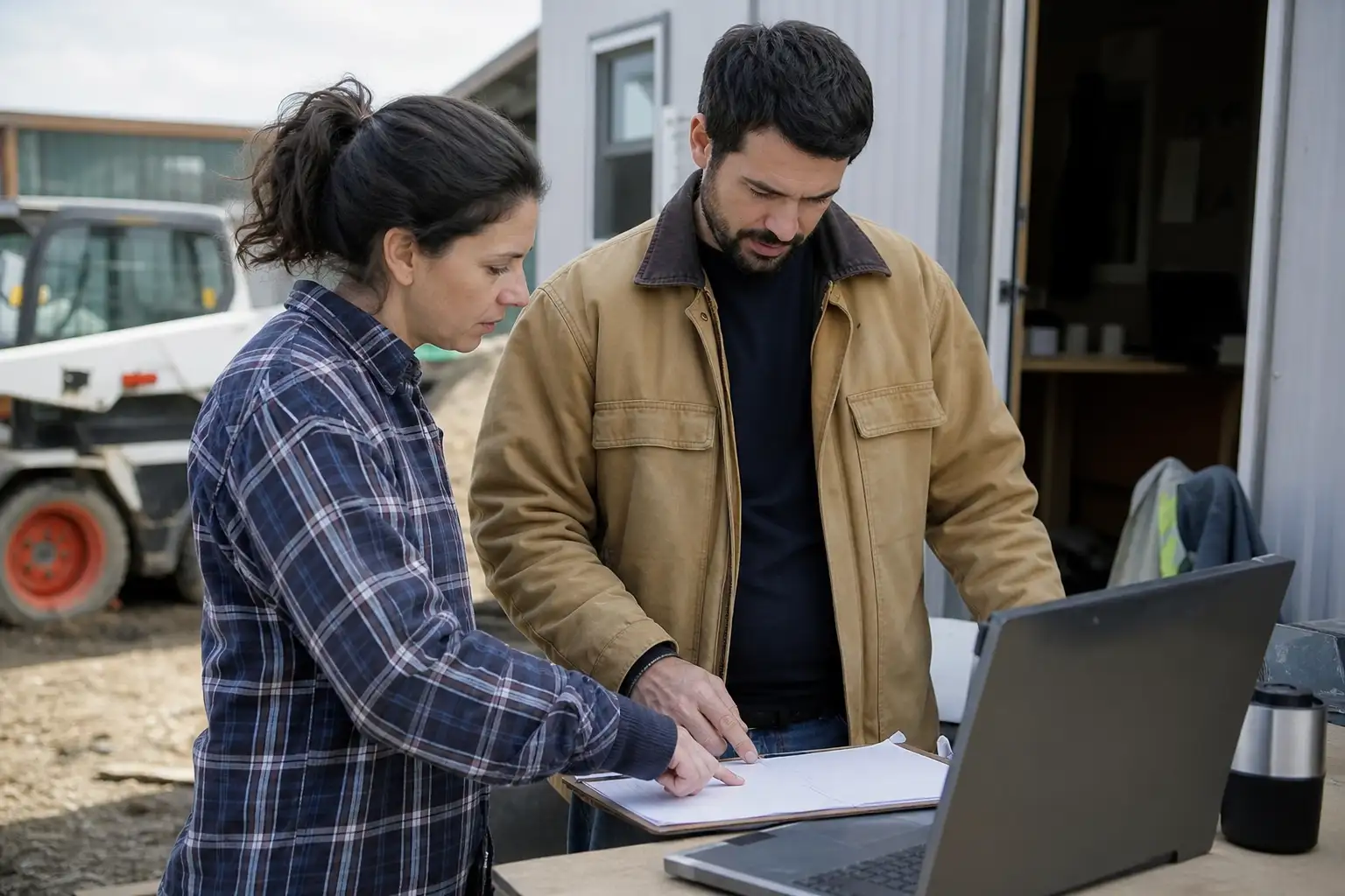 A project manager and accounts person reviewing rental paperwork beside a job trailer and stored equipment on a construction site