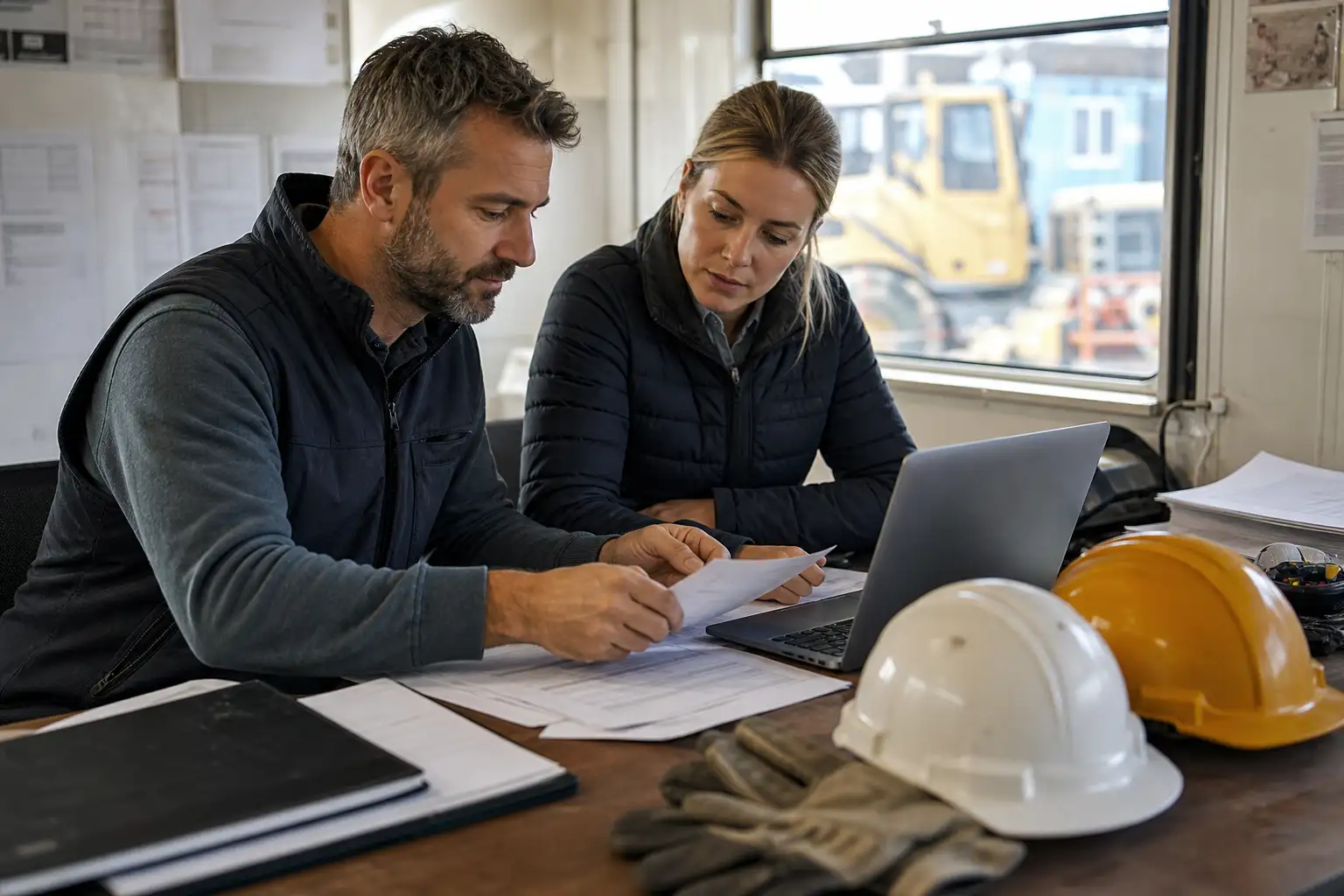 A finance manager and a project coordinator reviewing a stack of rental invoices, a contract, and a laptop at a jobsite trailer desk.