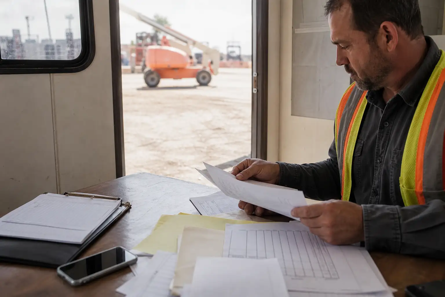 A field trailer table with an equipment return log, a phone, and a foreman reviewing rental paperwork.