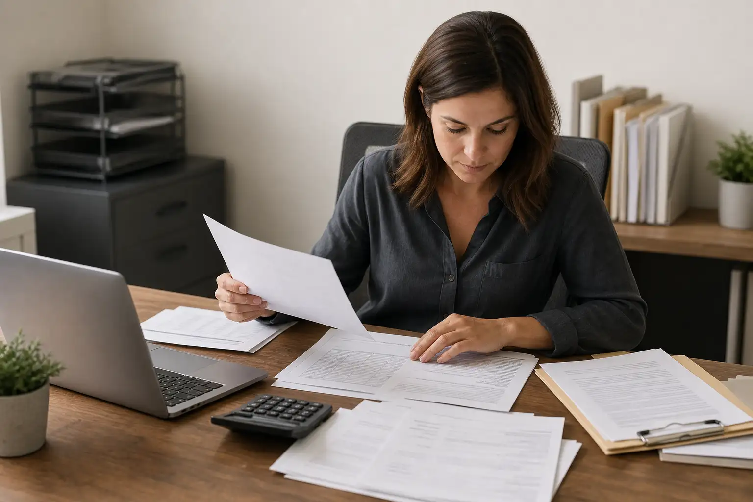 An AP analyst reviewing rental invoices, a rate sheet, and equipment return paperwork at a desk in a contractor office.