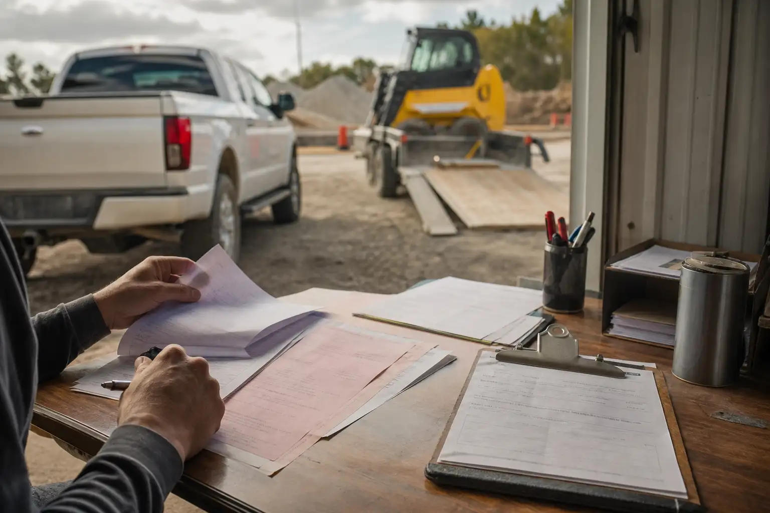 A finance or equipment manager reviewing rental paperwork beside a job-site pickup truck and rented equipment.