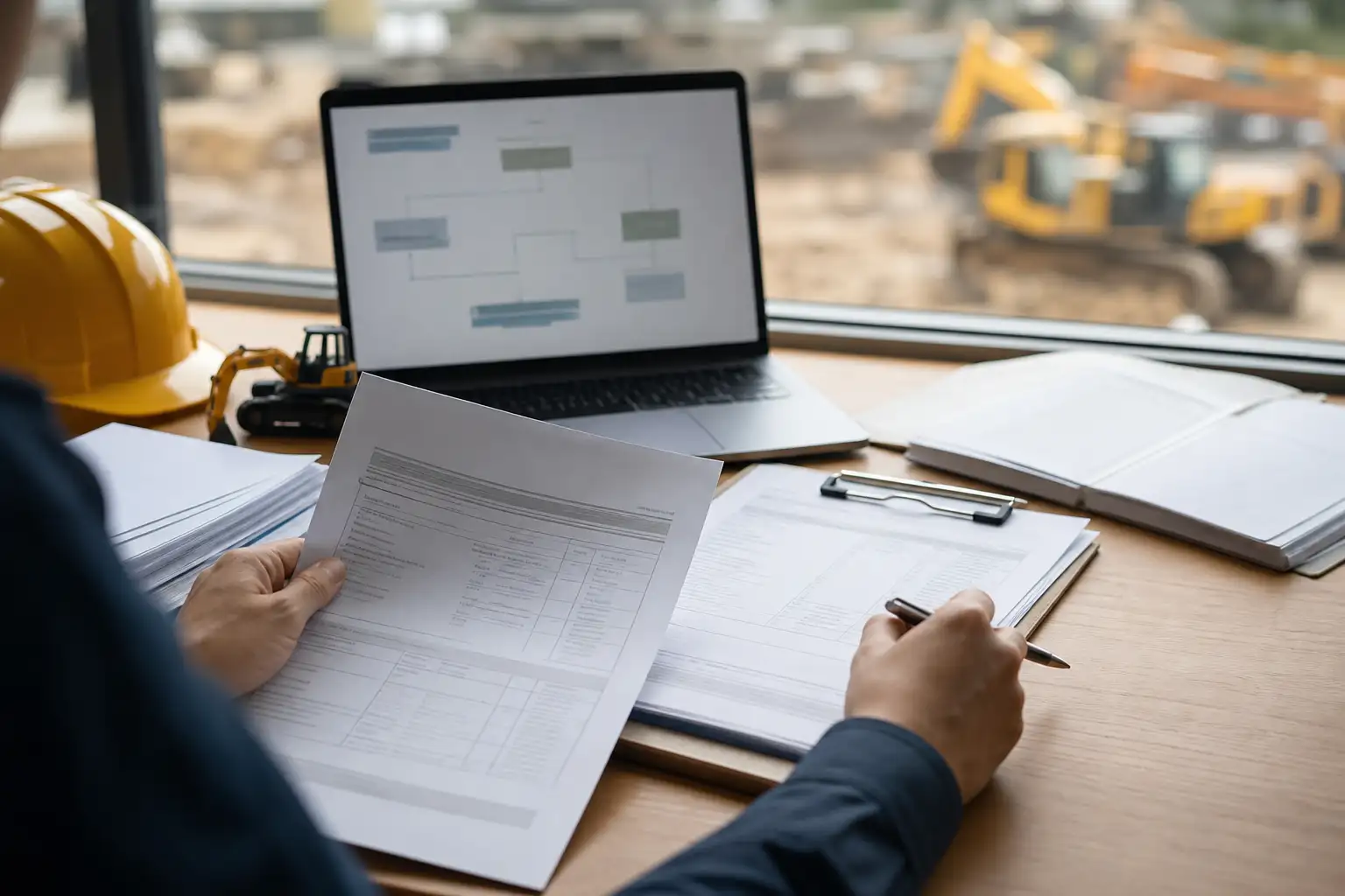 An office desk with rental invoices, a laptop, a clipboard, and a construction equipment photo in the background.