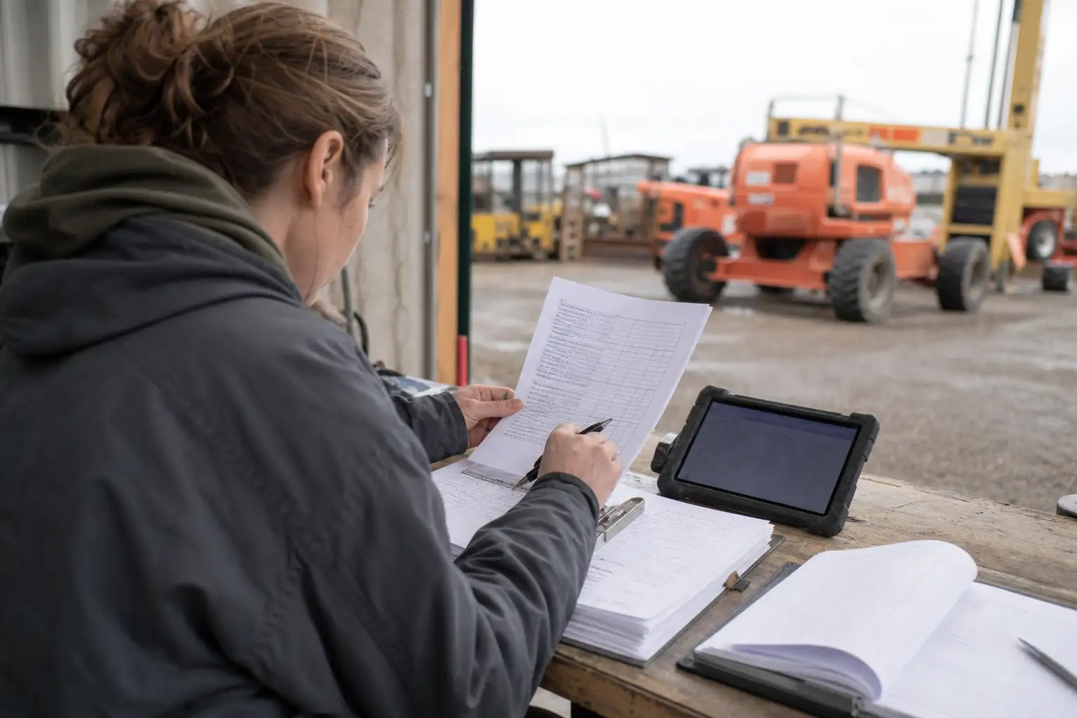 A jobsite admin reviewing rental paperwork and a pickup log on a clipboard beside parked construction equipment
