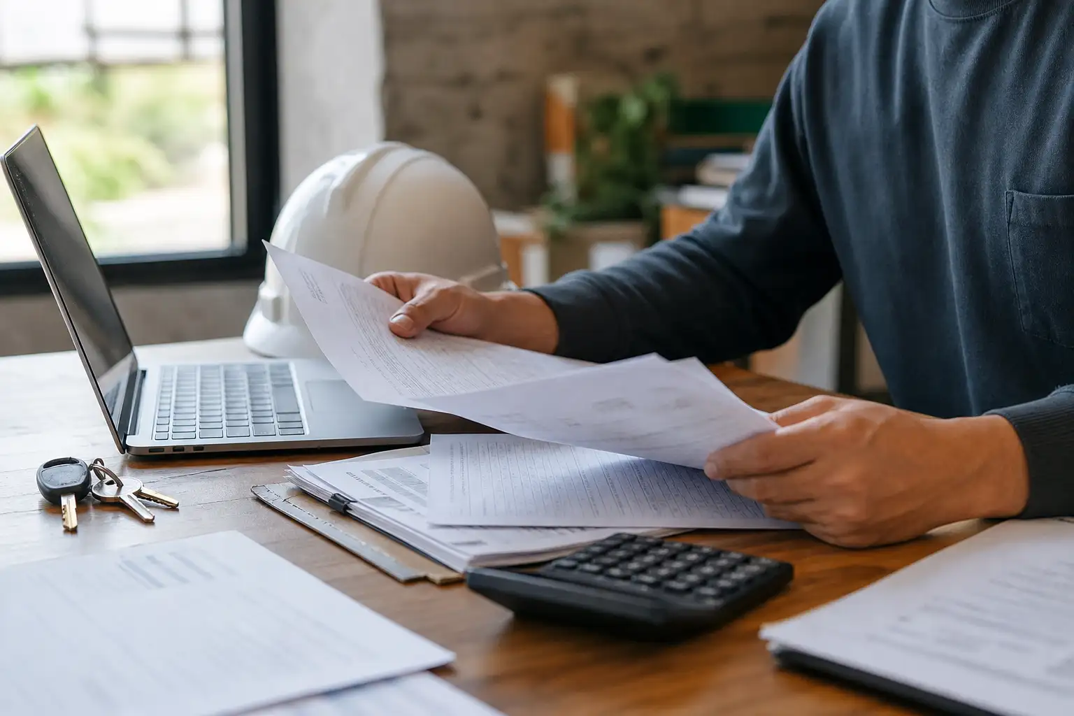A construction office desk with rental invoices, a laptop, and printed delivery and pickup paperwork being reviewed