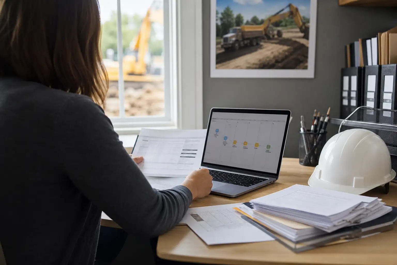 An office worker reviewing rental approvals and vendor records beside a laptop, paper invoices, and a hard hat on a desk