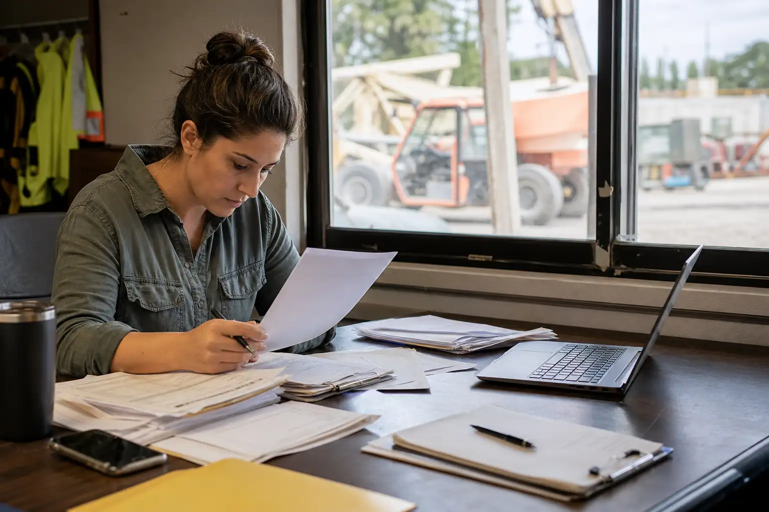 An AP or project coordinator reviewing a stack of rental invoices and backup documents at a desk in a jobsite office.