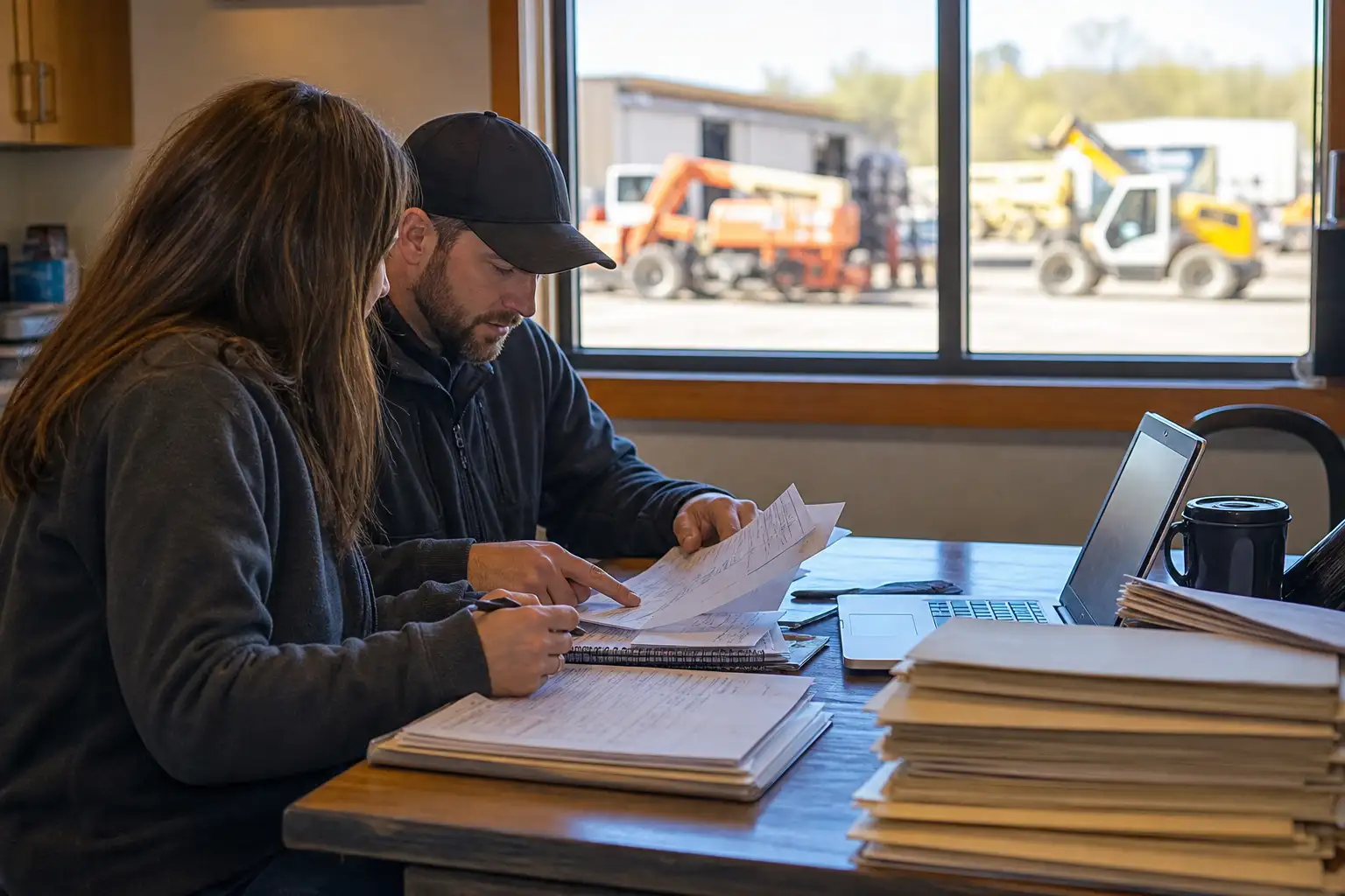 Two office staff reviewing rental invoices, jobsite logs, and equipment notes at a desk with a construction yard visible through the window.