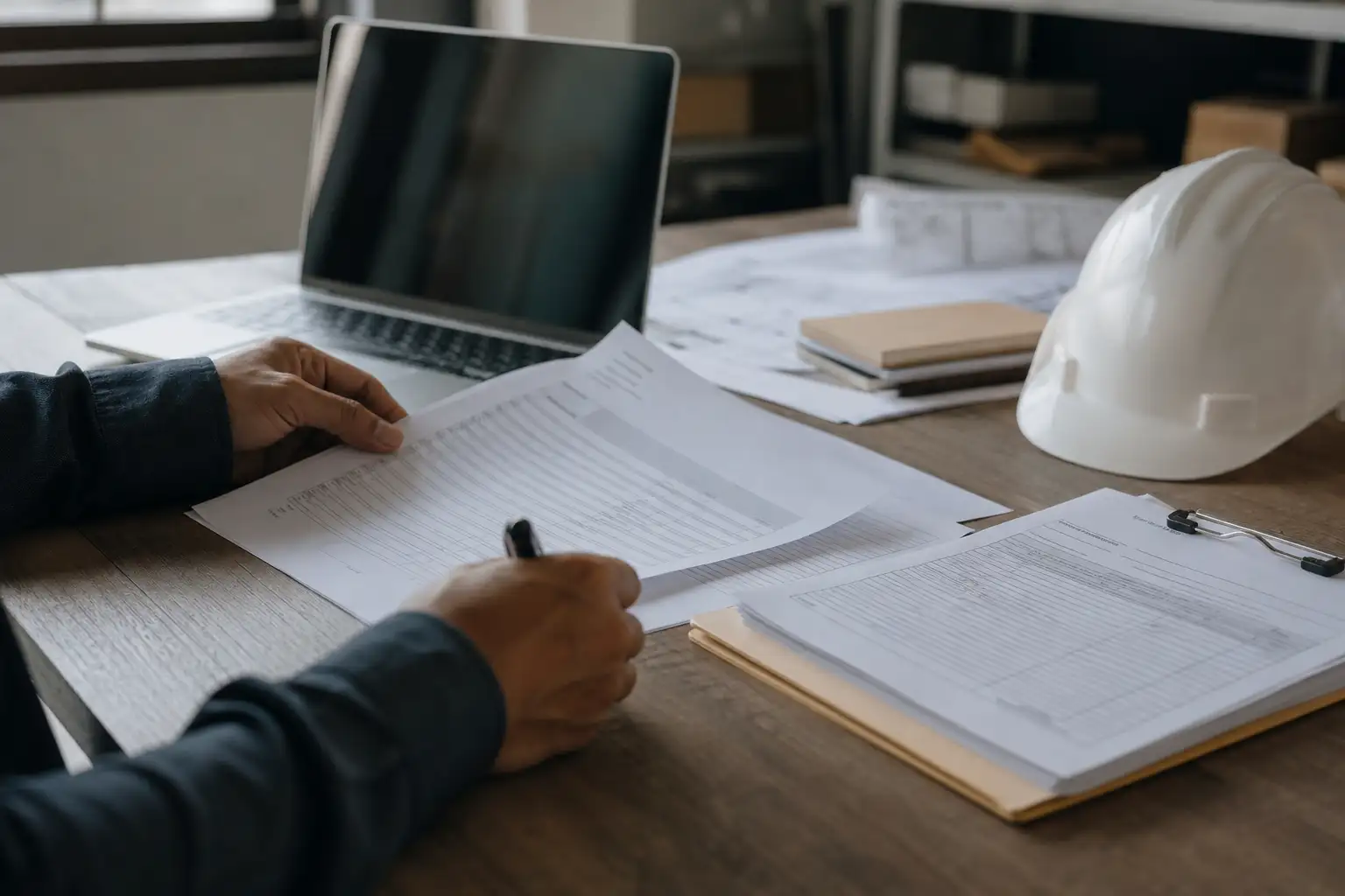 A warehouse or jobsite office desk with a pickup manifest, rental invoice, clipboard, and hard hat beside a laptop