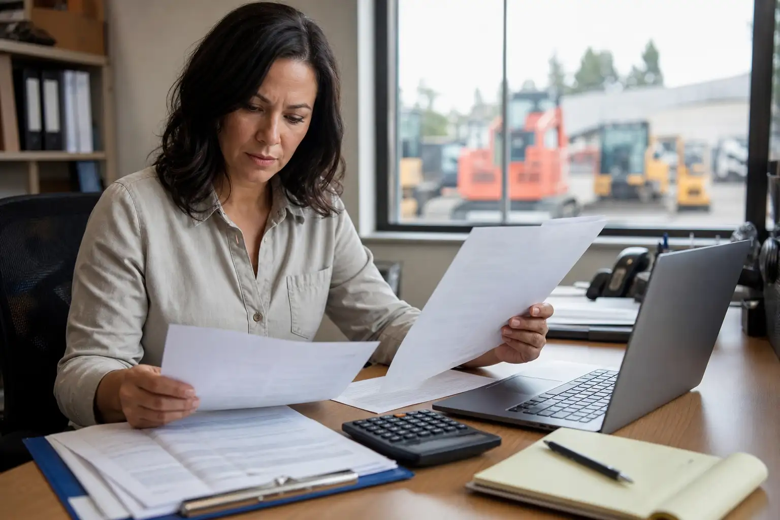 A finance or AP professional reviewing rental paperwork, a contract, and an invoice at a desk with equipment in the background