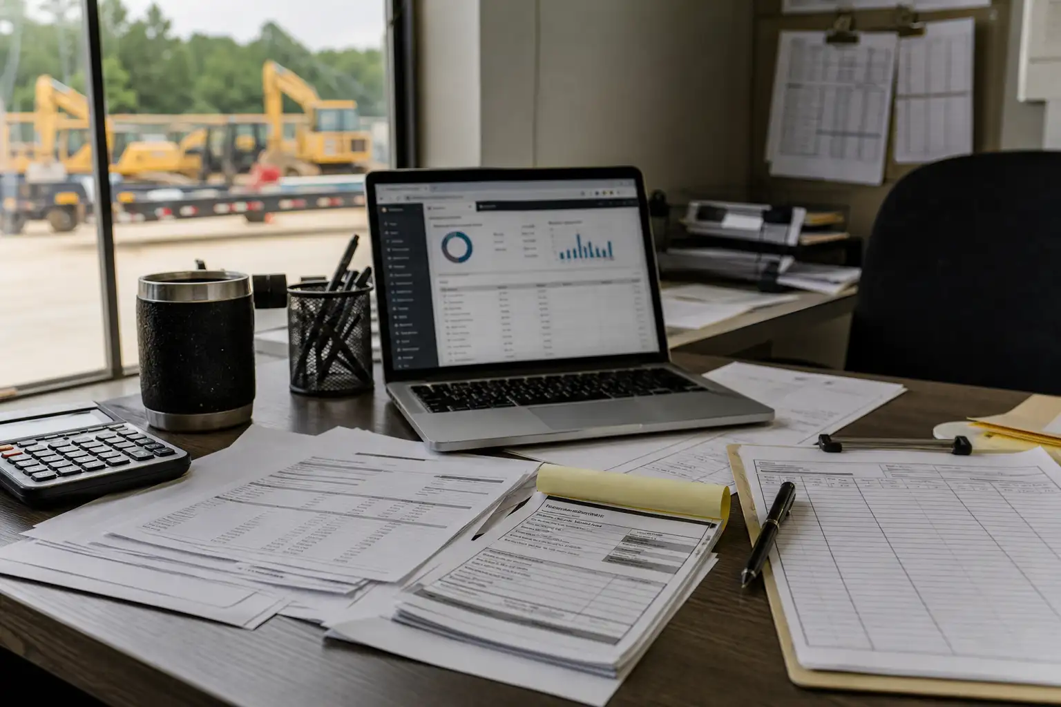 A finance or project team member reviewing rental invoices, jobsite logs, and pickup records at a desk