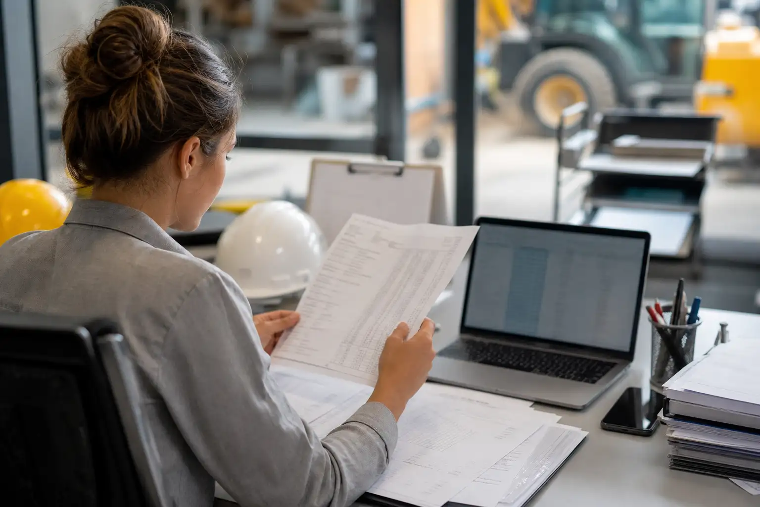 A finance or AP professional reviewing rental invoices and bank activity at a desk with paperwork and a laptop