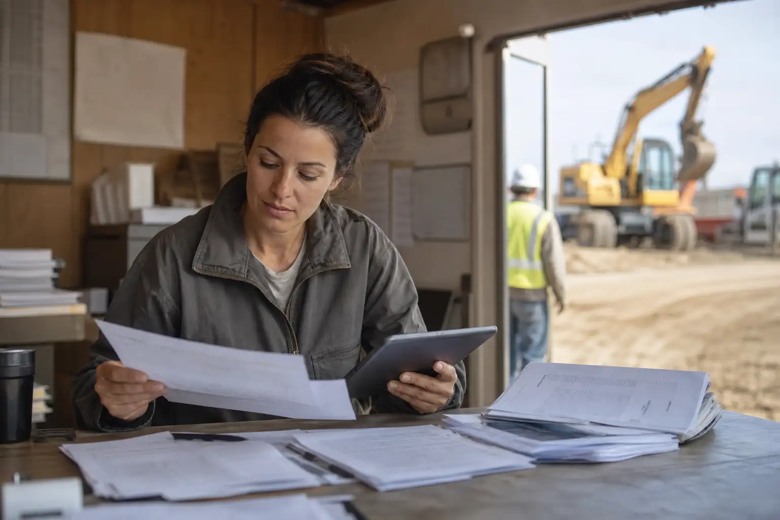 A finance or project manager reviewing rental paperwork, a purchase order, and a tablet at a jobsite office.