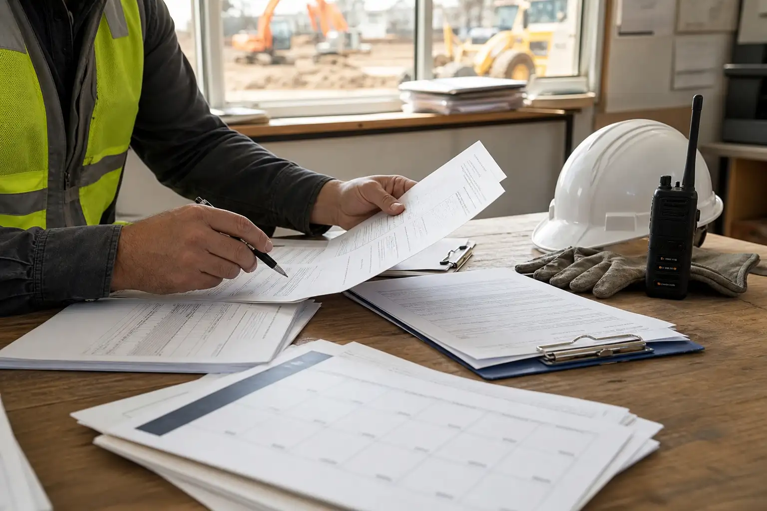 A jobsite office desk with rental invoices, a contract packet, a calendar, a hard hat, and a radio spread out for review