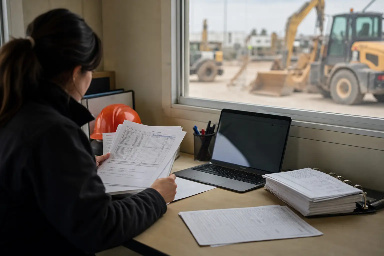 An accounts payable specialist reviewing rental invoices and a dispute log at a desk in a jobsite trailer office.