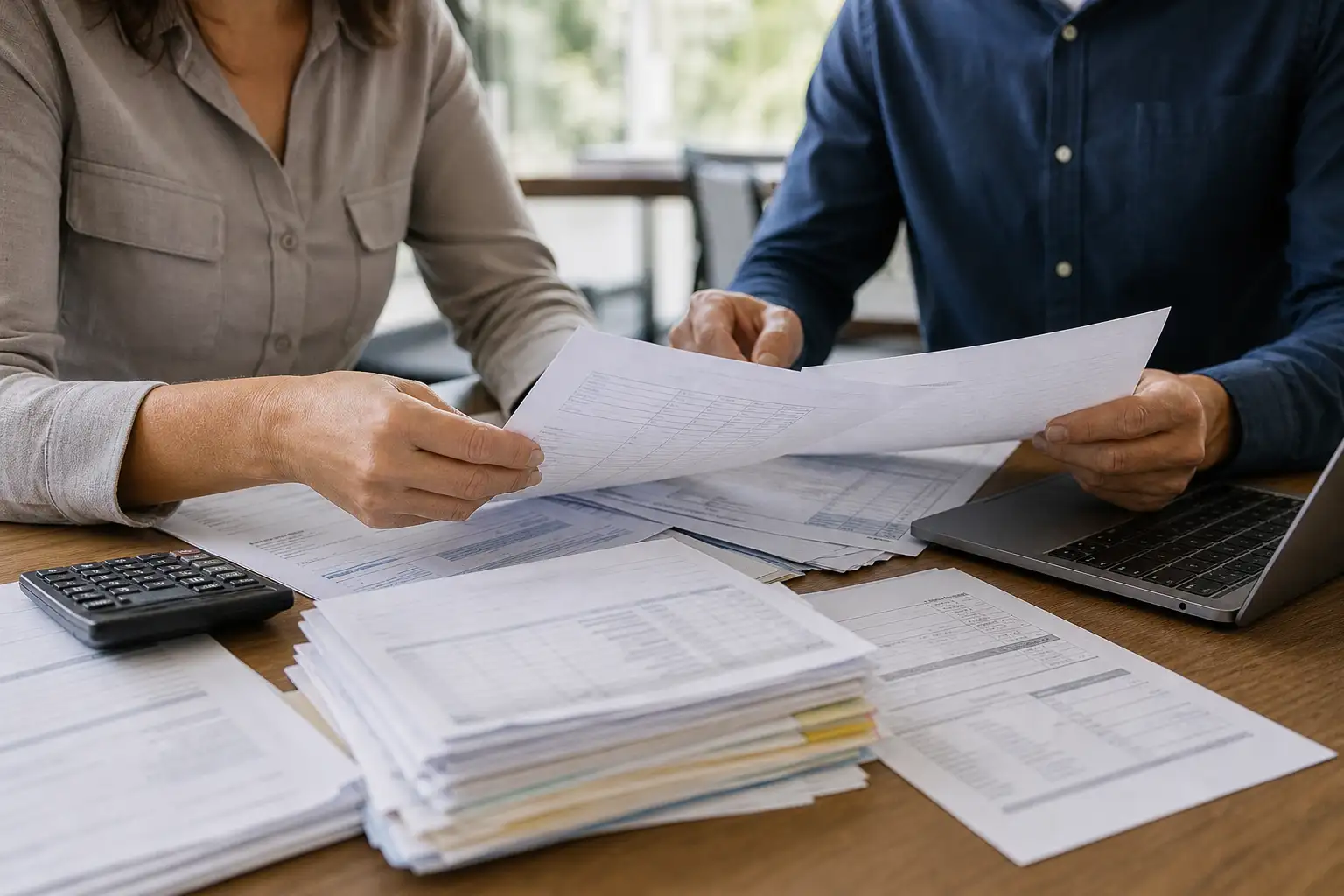 An AP clerk and project manager reviewing rental invoices, a vendor statement, and credit memos on a desk in an office.