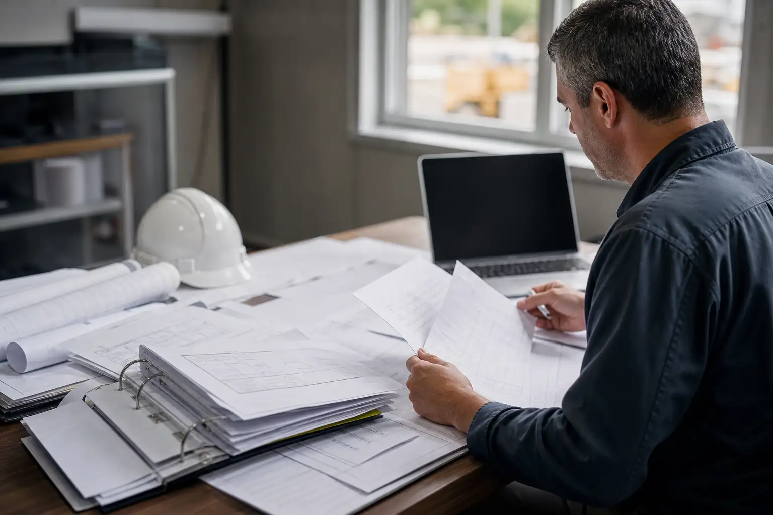 A finance or equipment manager reviewing rental paperwork, delivery tickets, and an invoice at a desk with a laptop and hardhat nearby.