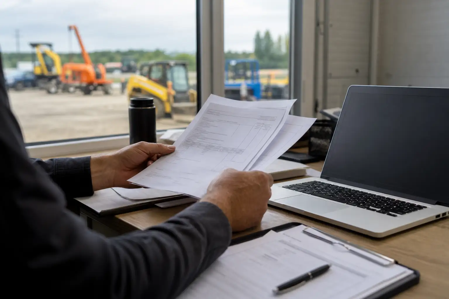 An equipment manager reviewing an invoice, pickup confirmation, and off-rent paperwork at a desk with rental equipment visible outside