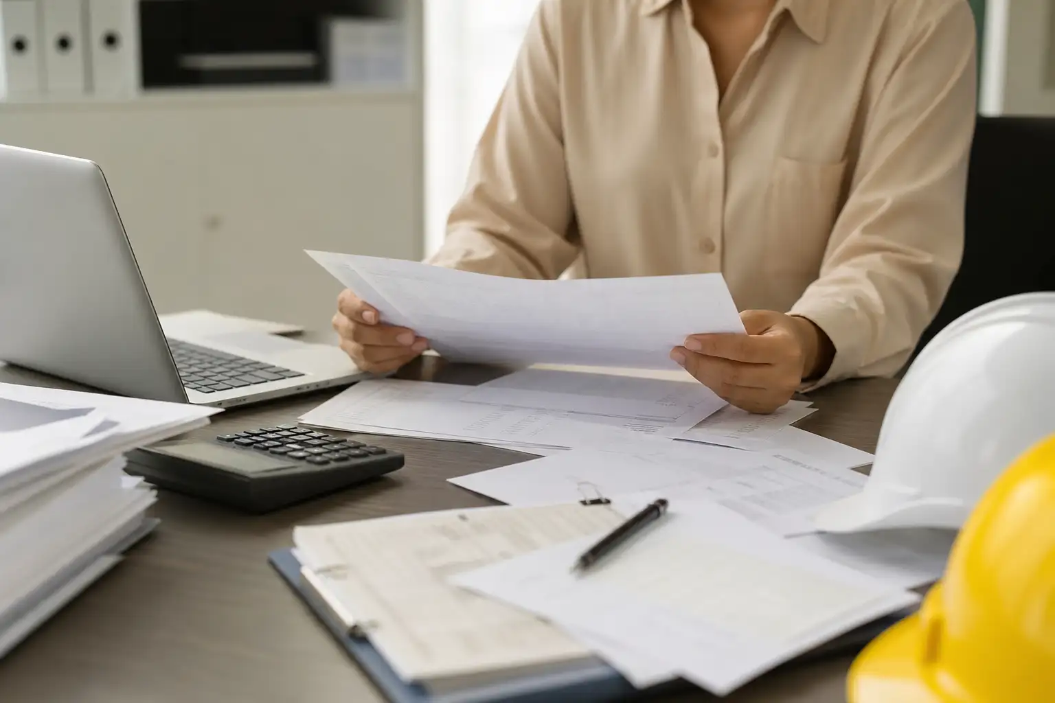 A project controls or AP team reviewing rental tickets, purchase orders, and equipment invoices on a desk in an office setting.