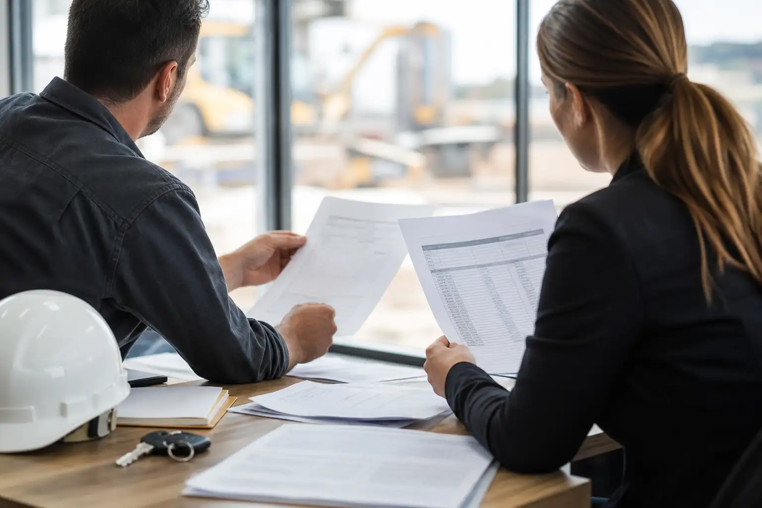 An AP and project team member reviewing rental invoices, a contract folder, and a job cost report at a desk near a construction site office