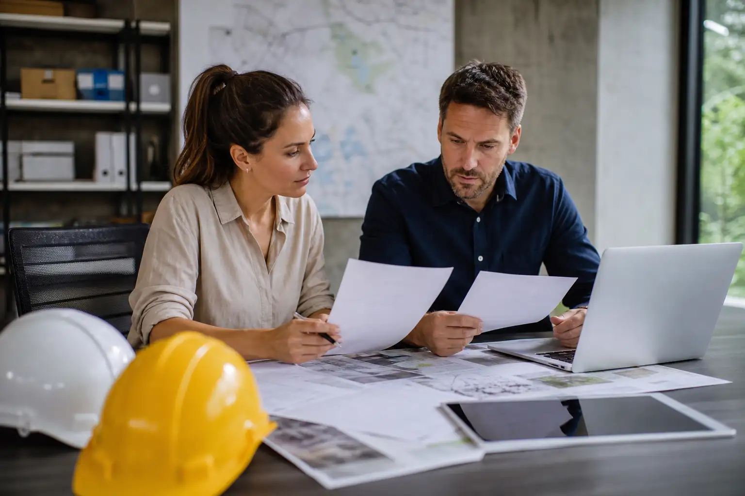 A contractor operations manager and accounting staff reviewing rental branch options with a laptop, printed invoices, and jobsite maps on a conference table.
