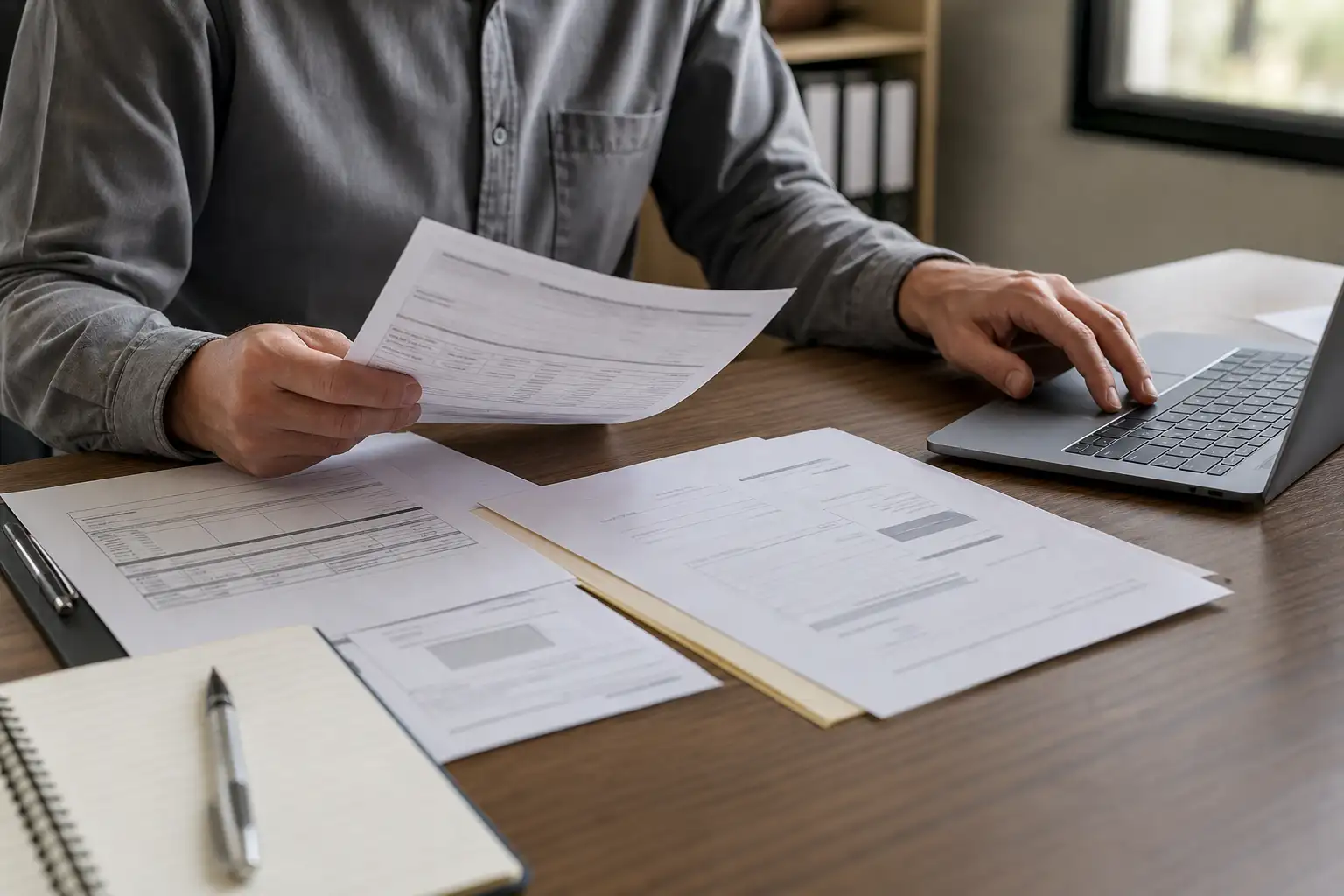 A contractor office desk with rental invoices, a pickup ticket, a notebook, and a laptop used to review equipment rental charges.