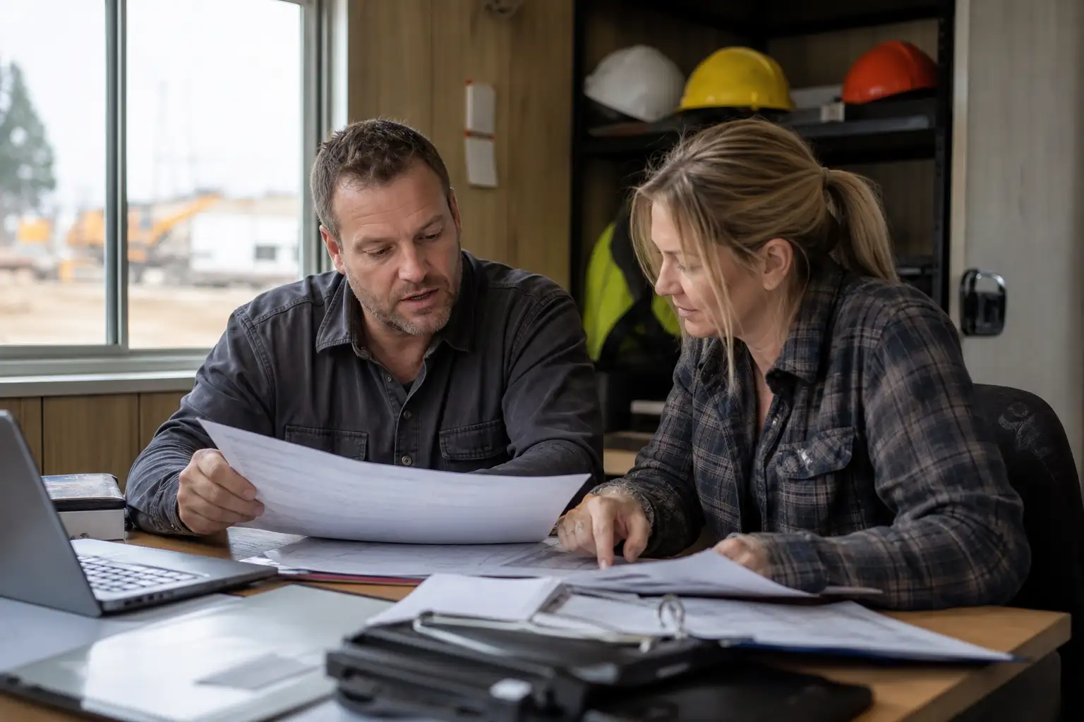 A project manager and accounting staff reviewing rental invoices, a budget report, and equipment tickets at a desk in a trailer office.