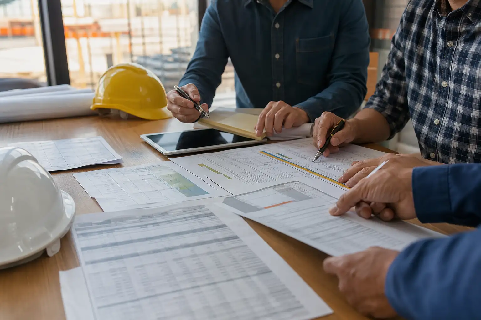 A finance and project team reviewing rental invoices, a budget report, and equipment records at a desk in an office near a job-site photo backdrop.